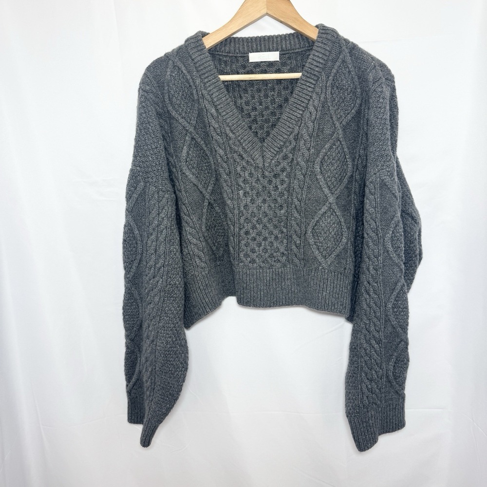 RE_L Wool Cashmere Cable Knit Sweater Gray Chunky Fisherman Oversized Free Size